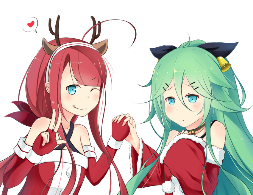 >;q, 2girls, ;q, adapted_costume, asymmetrical_bangs, bangs, bare_shoulders, bell