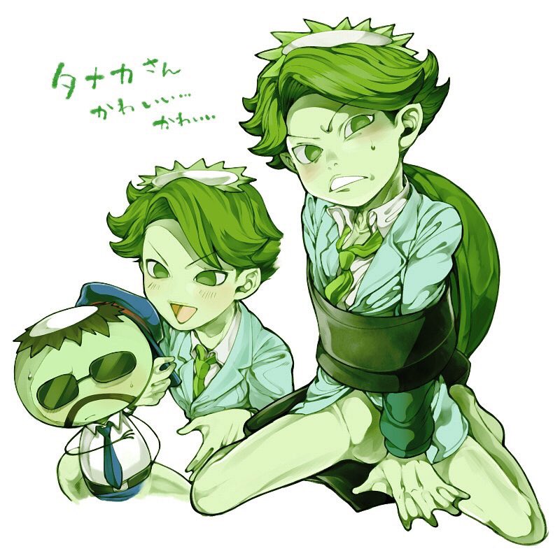 2boys, blue_necktie, bottomless, character_name, green_eyes, green_hair, green_necktie, green_skin