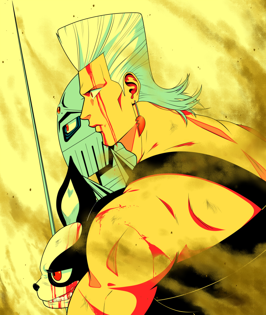 2boys, absurdres, blood, blood_on_face, dog, highres, iggy_(jojo), jean_pierre_polnareff