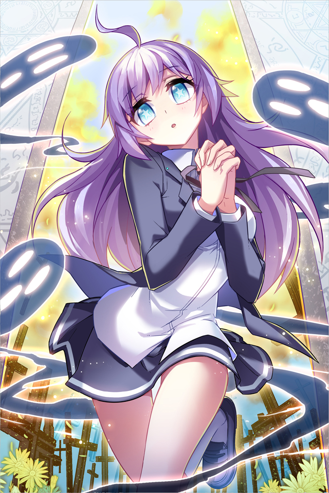 1girl, bangs, blue_eyes, blue_hair, bow, bowtie, frills, gem, hair_ornament, head_tilt, jacket, jewelry, long_hair, matching_hair/eyes, rae_(bloodline), ribbon, shirt, skirt, solo, standing, thigh-highs, transparent_background, upper_body, very_long_hair, vest