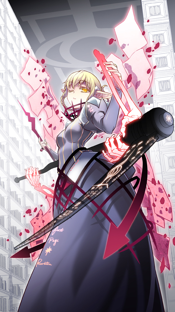 1girl, blonde_hair, bloodline, braid, dress, elf, iotower, one_eye_closed