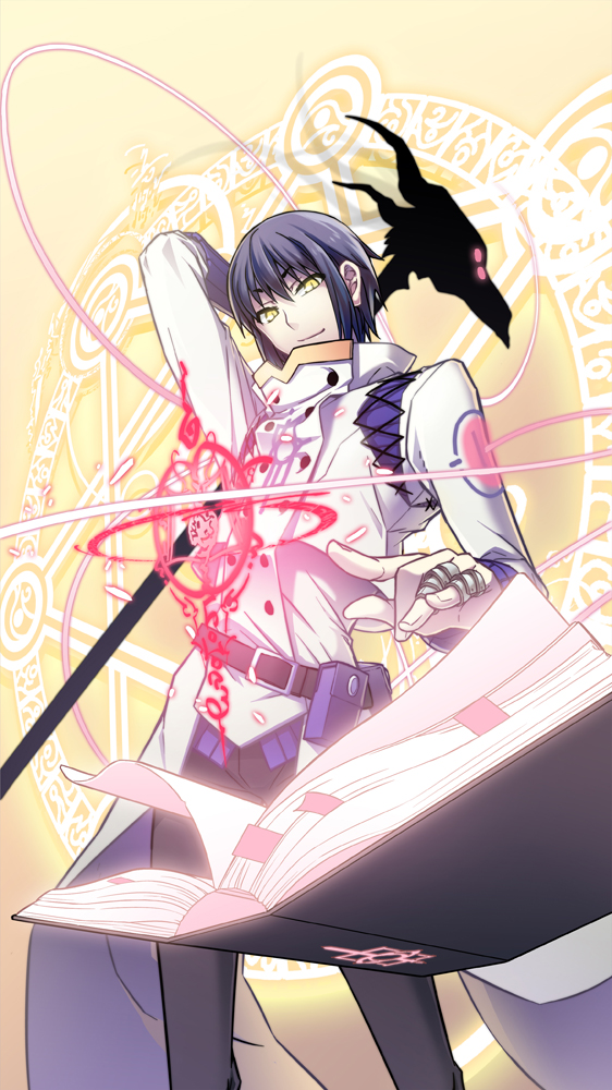 1boy, arm_up, artist_request, belt, belt_pouch, black_hair, black_pants, bloodline