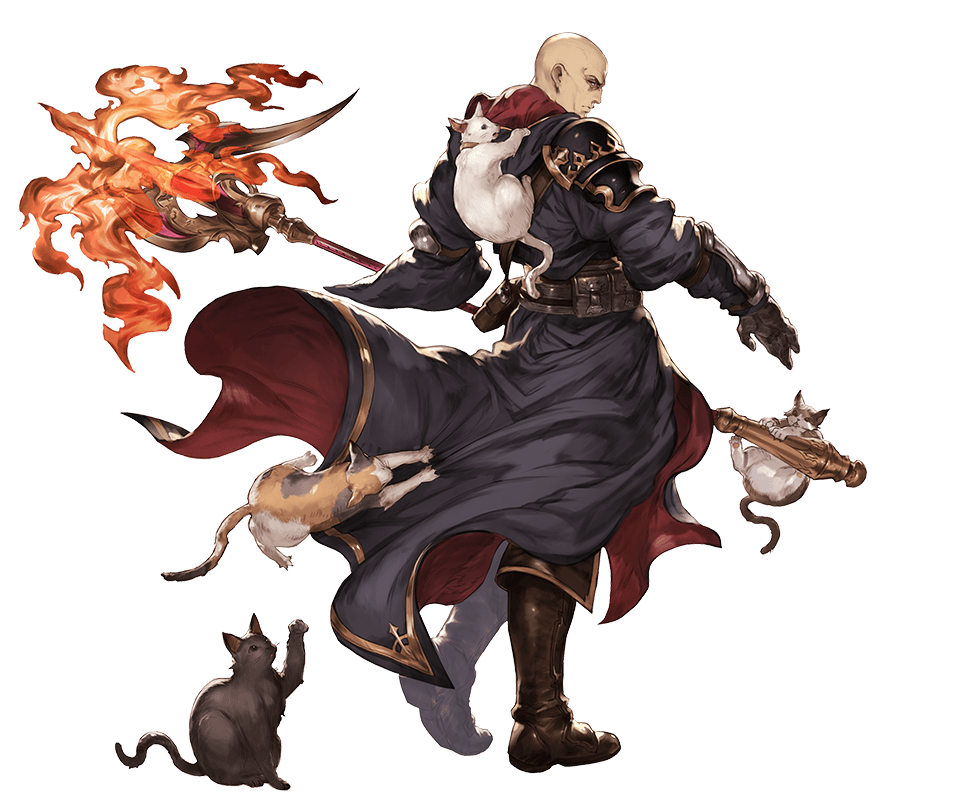 1boy, axe, back, bald, belt, boots, cat, dante_(granblue_fantasy)