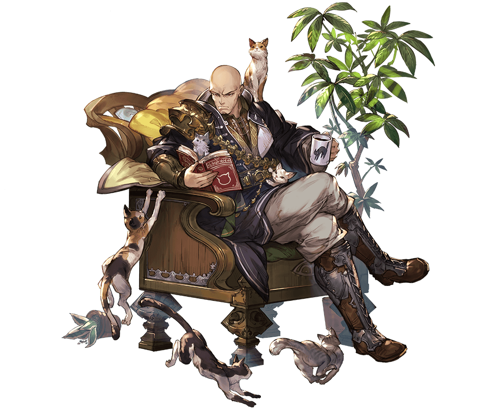 1boy, bald, beard, book, boots, cat, chair, coffee_mug