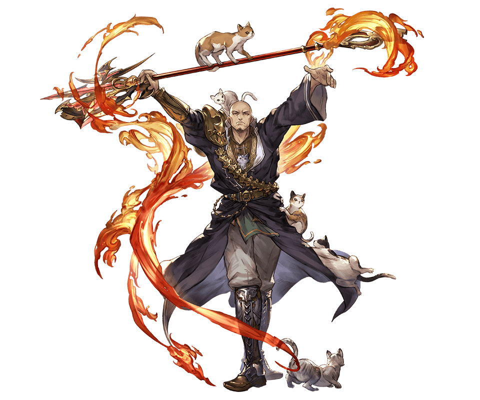 1boy, axe, bald, boots, cat, dante_(granblue_fantasy), fire, granblue_fantasy