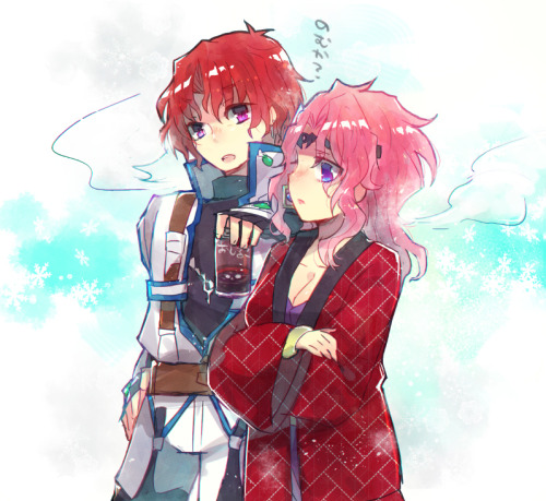 1boy, 1girl, axel_almer, coat, drink, gloves, hair_ornament, lemon_browning
