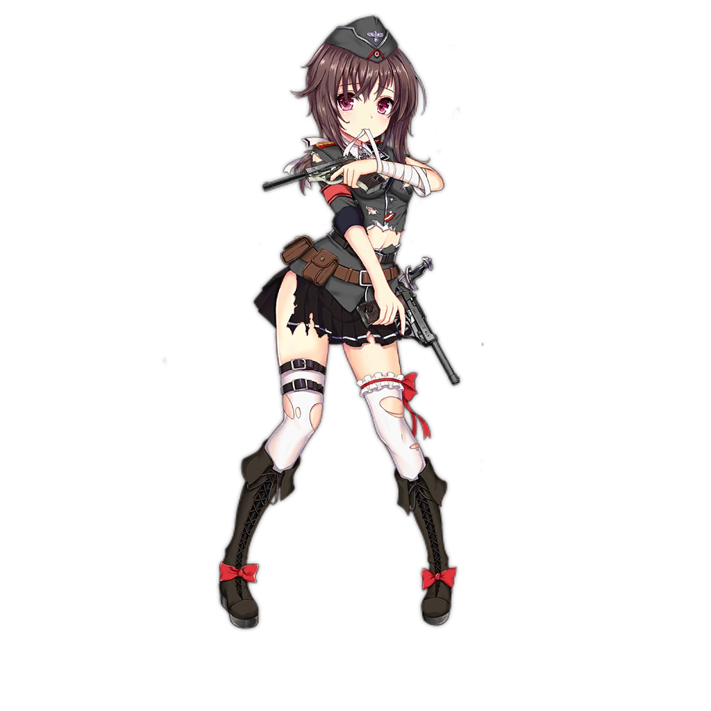 1girl, artist_request, bandage, bandaged_arm, boots, brown_hair, dual_wielding, frilled_legwear