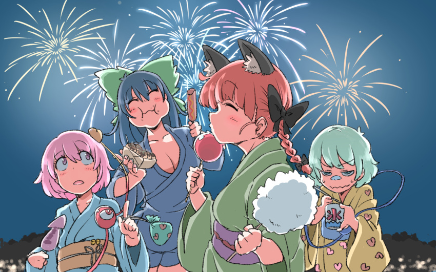 /\/\/\, animal_ears, black_bow, black_hair, blue_yukata, bow, braid, breasts, candy_apple, cat_ears, chewing, cleavage, closed_eyes, cotton_candy, cup, eating, eyeball, eyebrows_visible_through_hair, fireworks, food, green_eyes, green_hair, green_yukata, hair_between_eyes, hair_bow, heart, heart_of_string, heart_print, holding, holding_food, hot_dog, japanese_clothes, jitome, kaenbyou_rin, kimono, komeiji_koishi, komeiji_satori, kuzutetsu_no_viper, long_sleeves, mug, night, no_hairband, no_hat, no_headwear, obi, open_mouth, pink_eyes, pointing, pouch, puffed_cheeks, redhead, reiuji_utsuho, sash, short_hair, squid, sweatdrop, takoyaki, third_eye, touhou, wide_sleeves, yellow_yukata, yukata