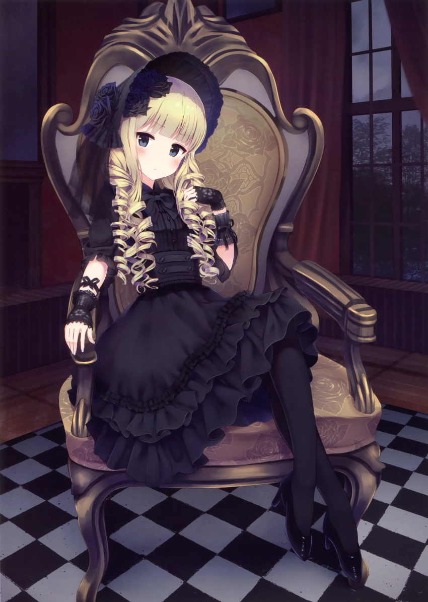 1girl, absurdres, alc_(ex2_lv), armchair, bangs, black_dress, black_gloves, black_hat