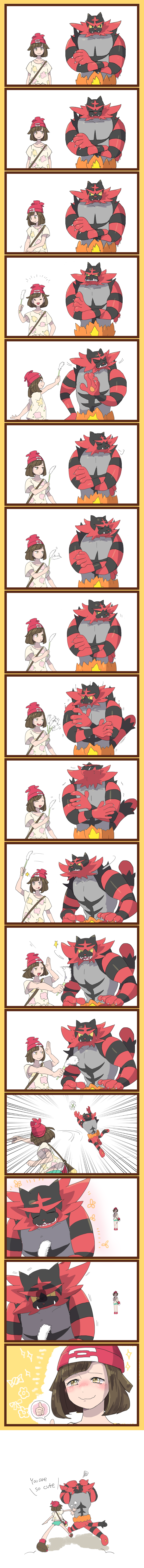 1girl, absurdres, bangs, beanie, blush, brown_eyes, brown_hair, cat, comic, english, female_protagonist_(pokemon_sm), floral_print, green_shorts, hat, highres, horsetail_(plant), incineroar, long_image, pokemon, pokemon_(creature), pokemon_(game), pokemon_sm, red_hat, rifu_(rif_rif), shirt, short_hair, short_shorts, short_sleeves, shorts, silent_comic, sparkle, sweatdrop, swept_bangs, tall_image, thumbs_up, tied_shirt, trembling