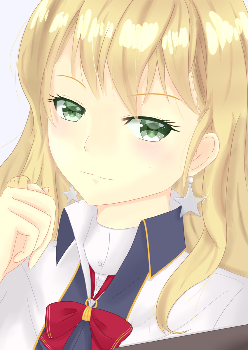 1girl, absurdres, blonde_hair, blush, earrings, green_eyes, highres, jewelry