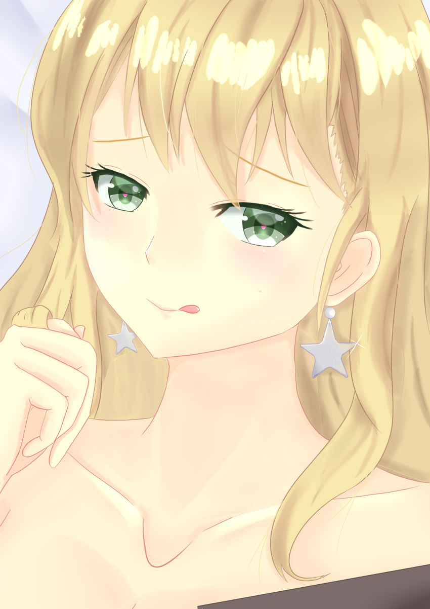 1girl, absurdres, blonde_hair, blush, earrings, green_eyes, highres, jewelry