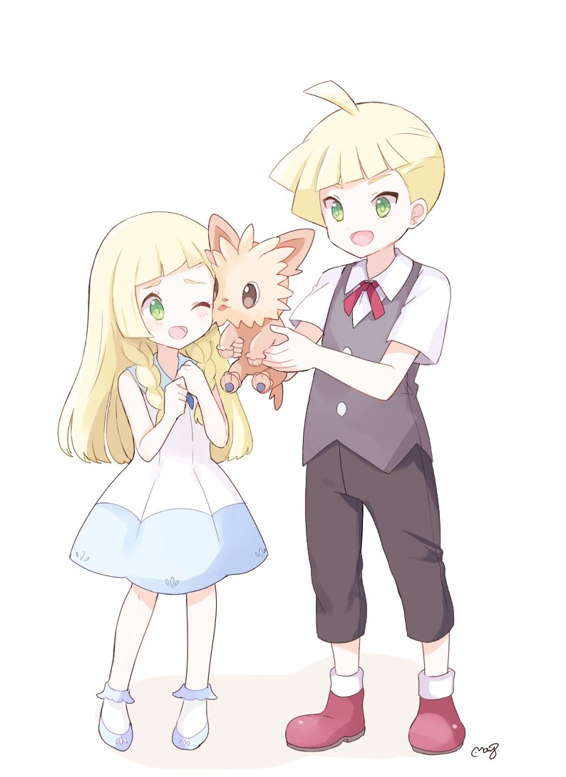 1boy, 1girl, black_pants, black_vest, blonde_hair, braid, brother_and_sister, dress