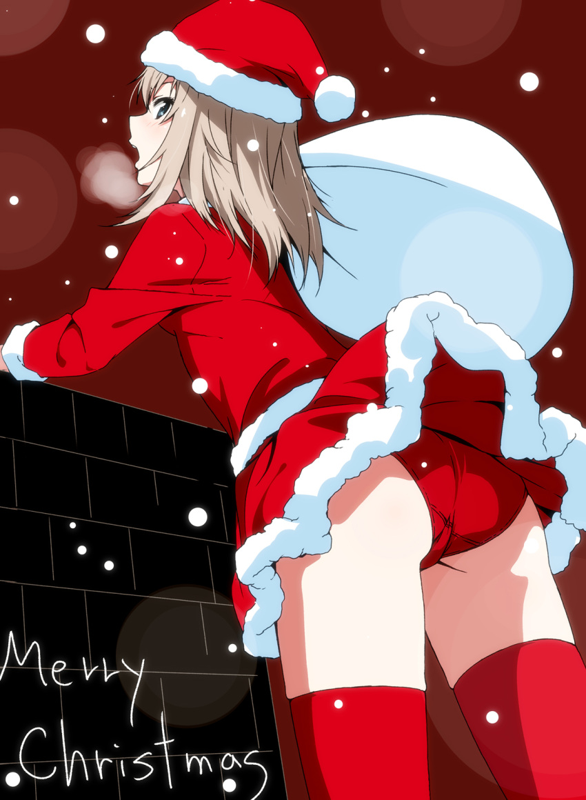 1girl, ass, bag, bangs, blue_eyes, breath, crotch_seam, dress