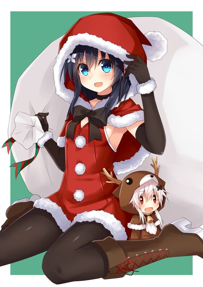 1girl, :d, animal_hood, antlers, armpits, bangs, bell, bell_choker
