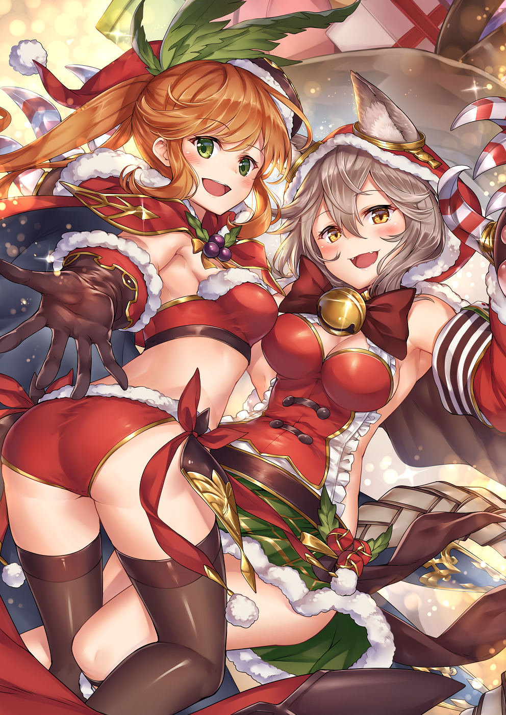 2girls, :d, adapted_costume, alternate_costume, apron, arm_up, armpits, ass