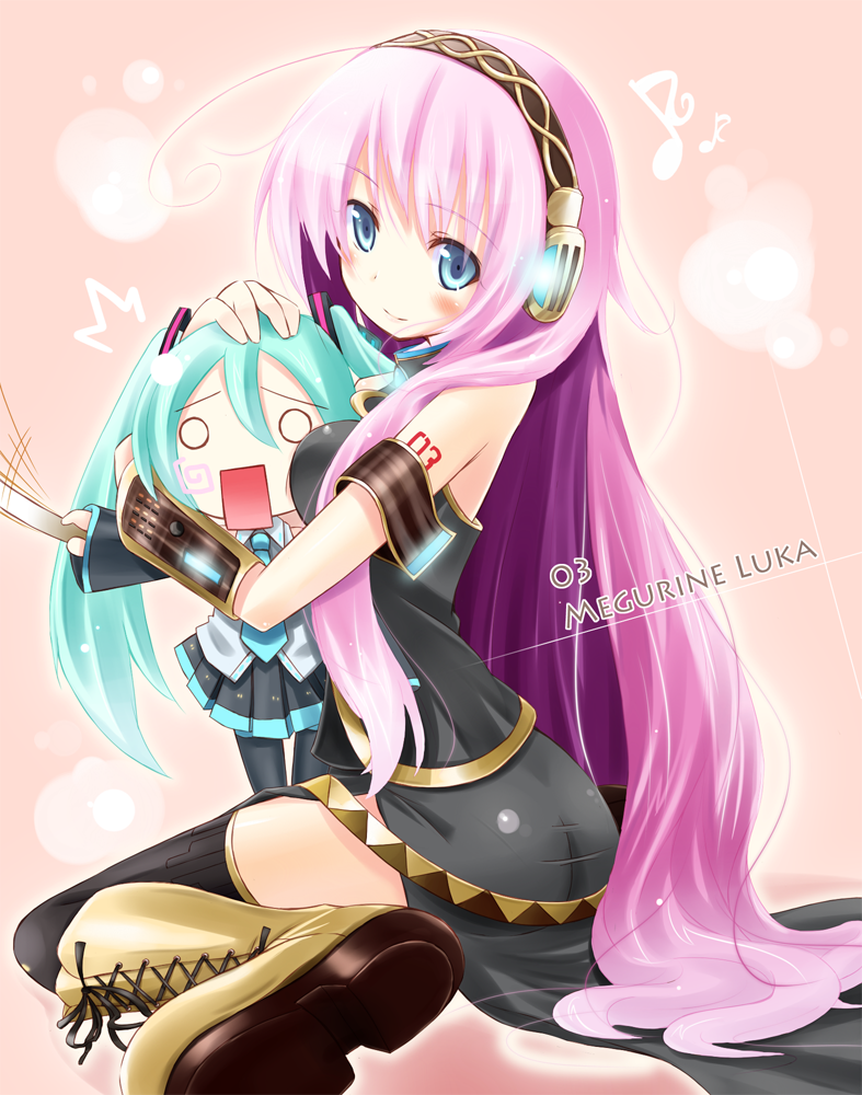 bad_id, between_breasts, blue_eyes, blush, breasts, hachune_miku, hatsune_miku, headphones
