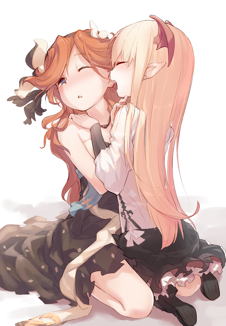 2girls, bare_shoulders, black_skirt, blonde_hair, blush, closed_eyes, doyou_tengoku_pikaraji, frilled_skirt