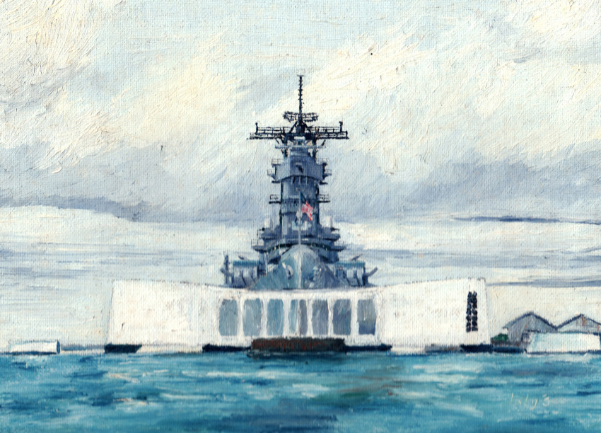 american_flag, battleship, clouds, highres, military, military_vehicle, missouri_(zhan_jian_shao_nyu), no_humans