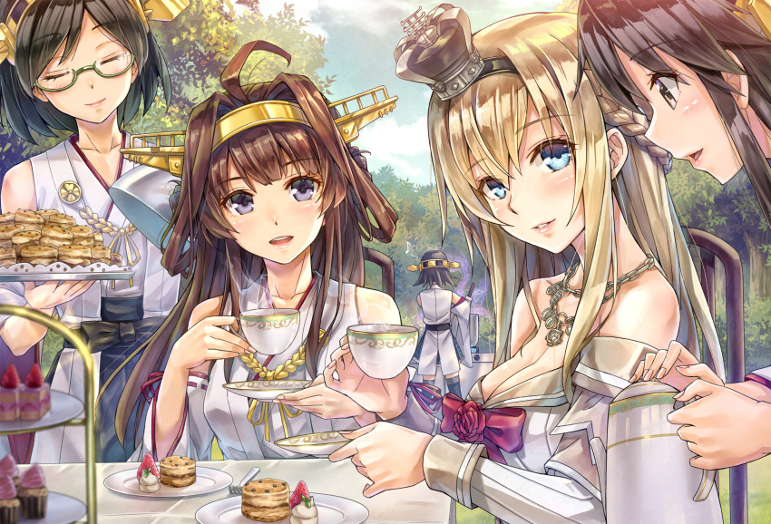 5girls, :d, ahoge, back, bad_food, bangs, bare_shoulders, black_hair