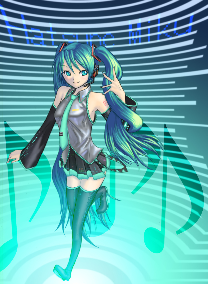 aqua_eyes, aqua_hair, detached_sleeves, hadairo_rainbow, hatsune_miku, headset, highres, long_hair