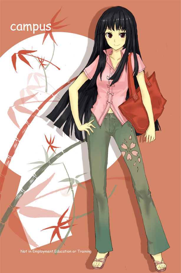 bag, bamboo, black_hair, casual, contemporary, hime_cut, houraisan_kaguya, kiyuren, long_hair, neet, pants, solo, touhou