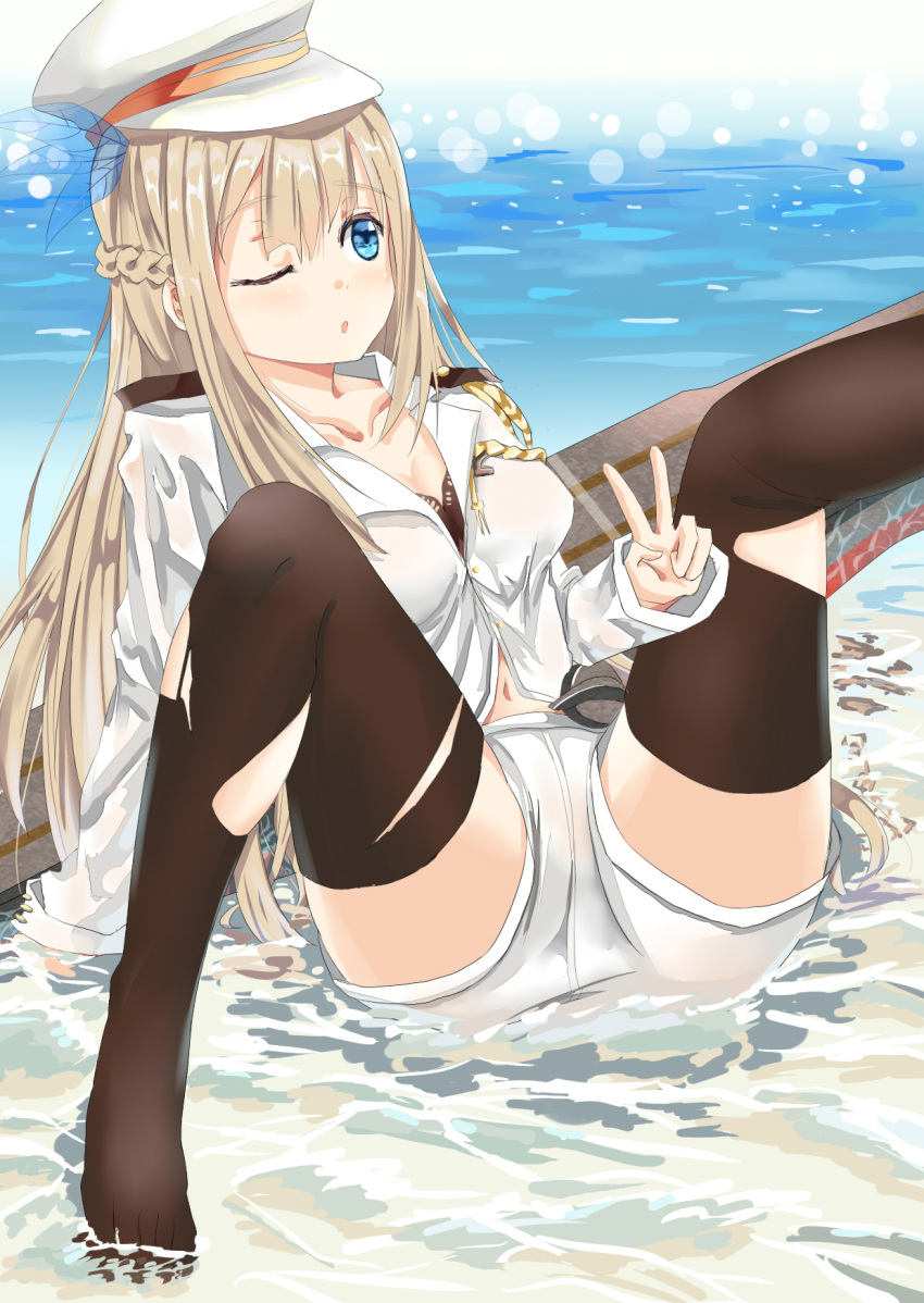 1girl, arm_support, black_legwear, blonde_hair, blue_eyes, blush, breasts, cleavage