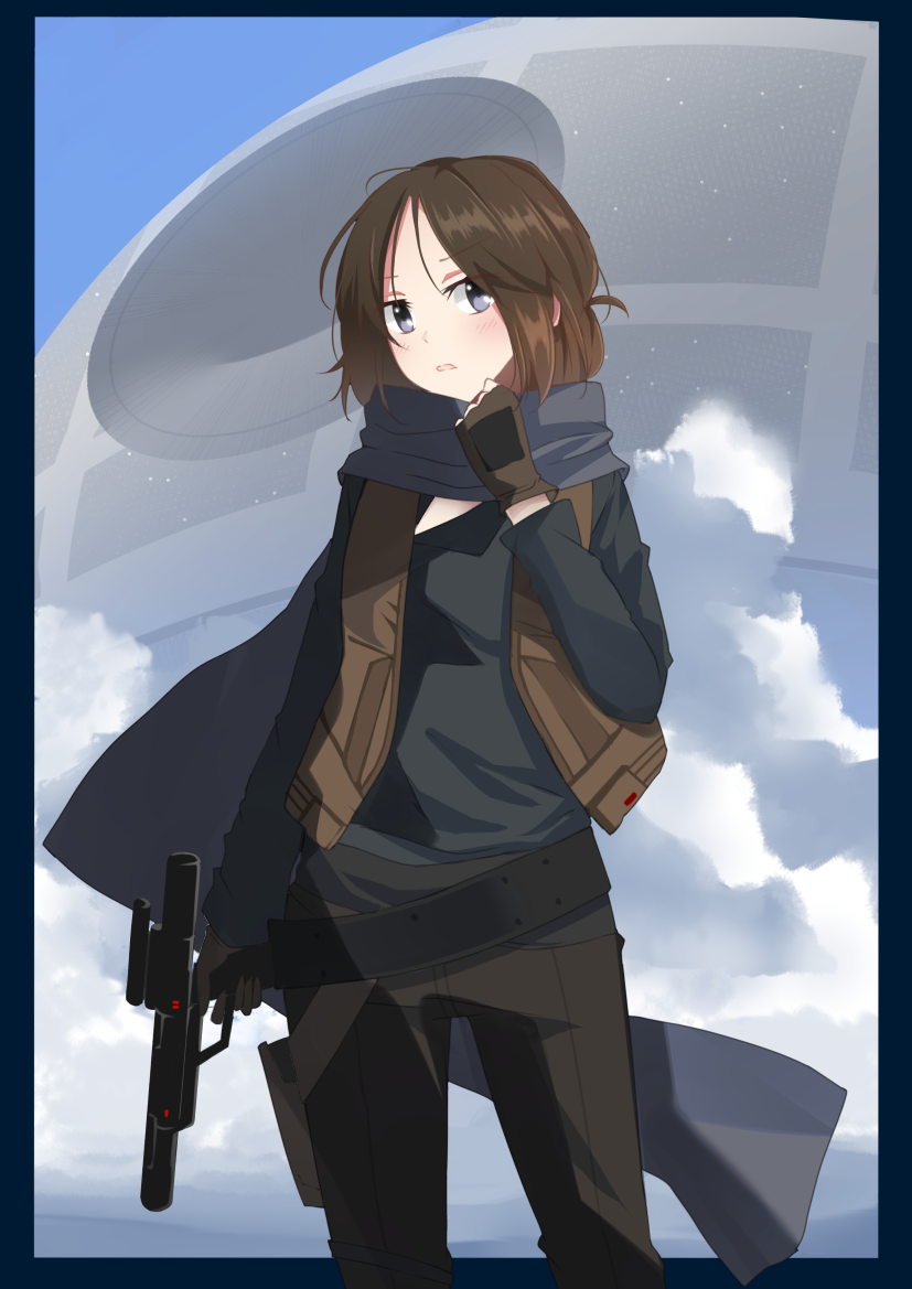 1girl, adjusting_scarf, belt, brown_hair, clouds, cloudy_sky, death_star, energy_gun, gloves, grey_eyes, hair_bun, holster, jacket, jyn_erso, long_sleeves, looking_at_viewer, messy_hair, open_mouth, pants, rogue_one:_a_star_wars_story, scarf, serious, sky, star_wars, vest, weapon, xialuluo_(sharuro)