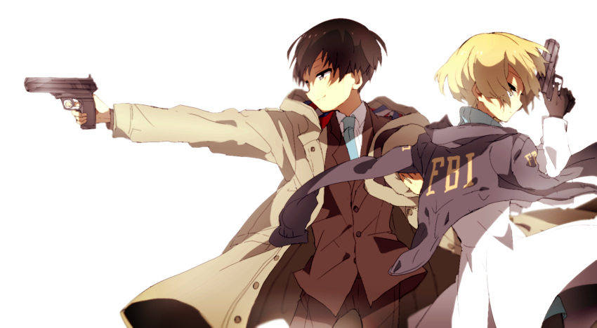 1boy, 1girl, black_hair, blonde_hair, coat, fbi, formal, gloves