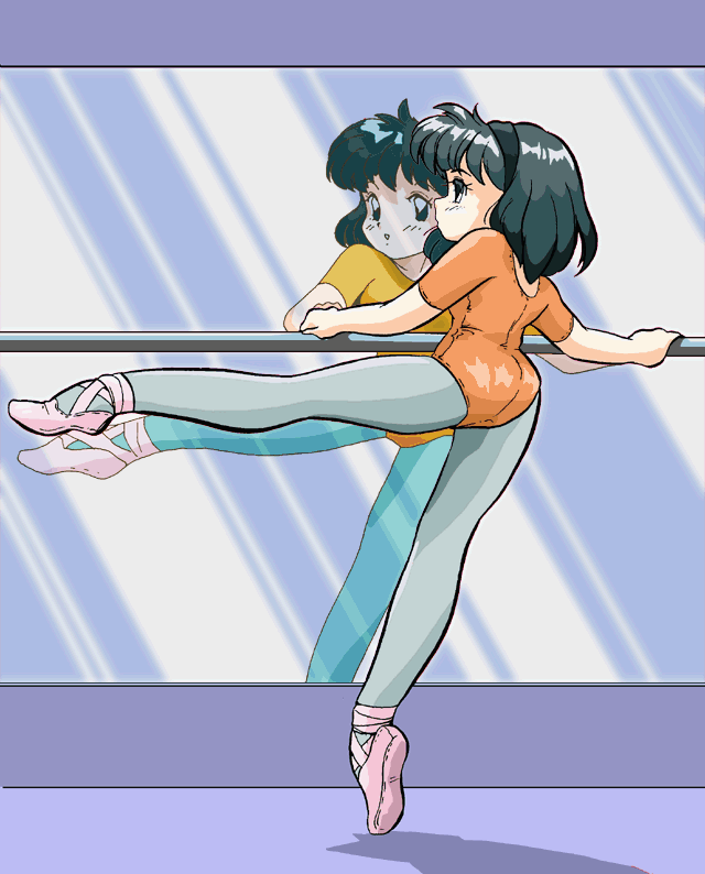 ballet_shoes, ballet_slippers, bar, barre, black_eyes, black_hair, error, green_hair, leg_lift, leotard, mirror, pantyhose, raised_leg, reflection, shoe_ribbon, short_hair