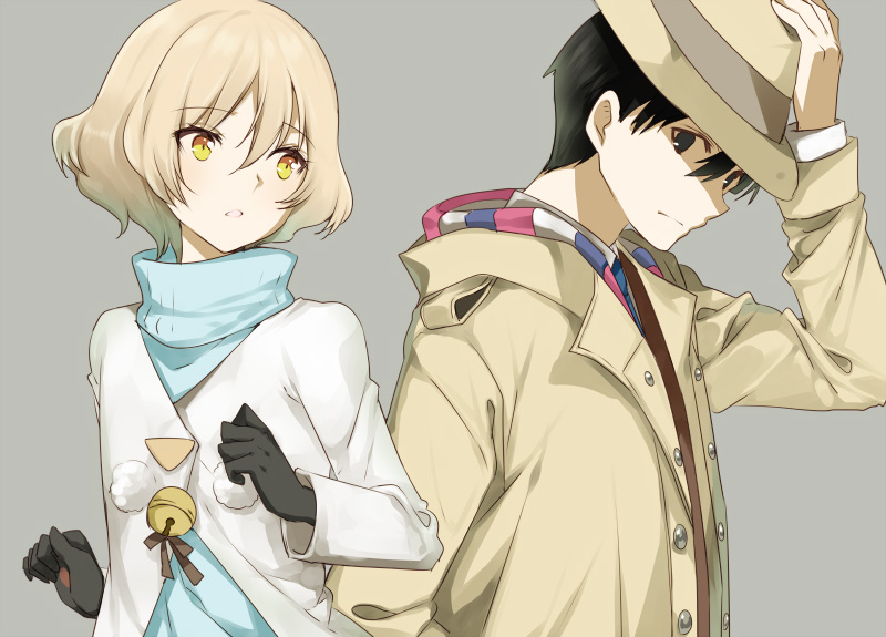 1boy, 1girl, bell, black_gloves, black_hair, blonde_hair, coat, formal