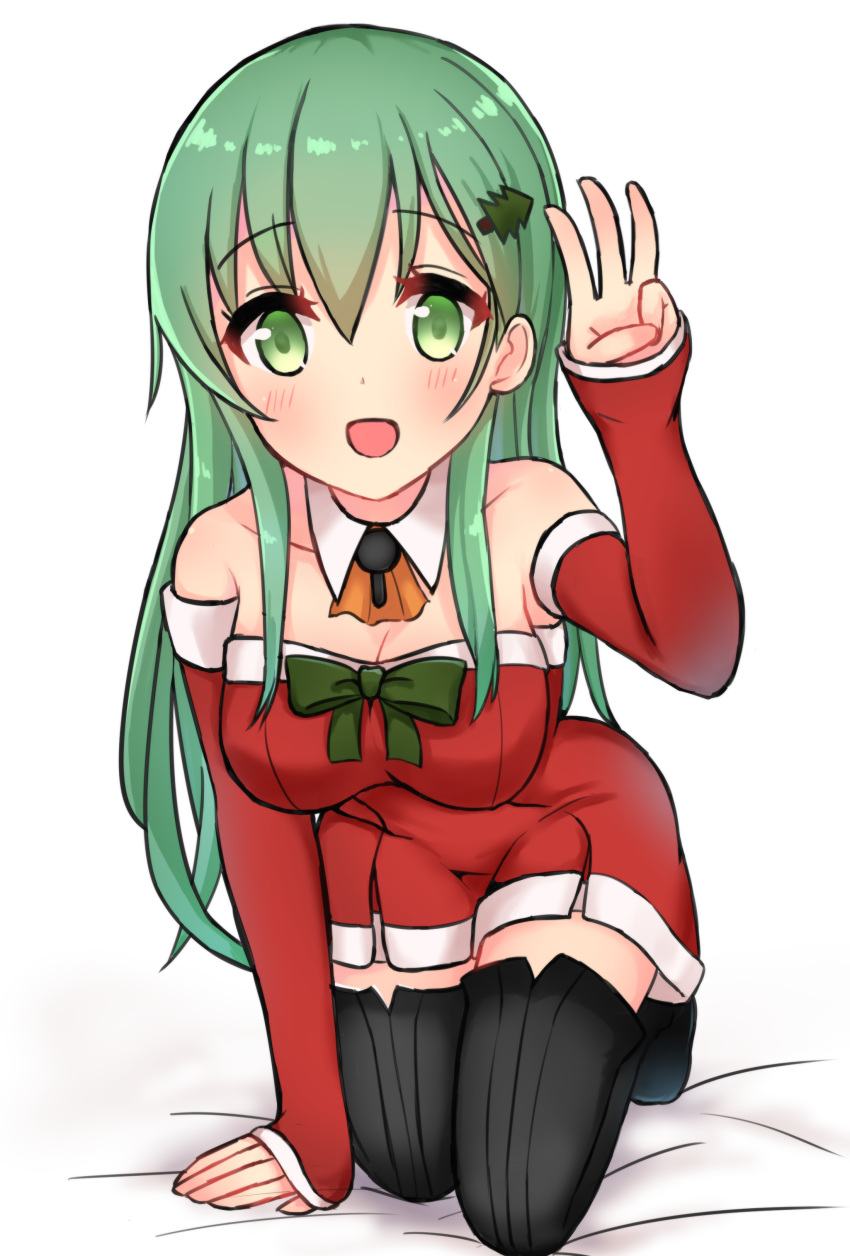 000_(jicasoe), 1girl, :d, absurdres, all_fours, arm_warmers, ascot, bare_shoulders