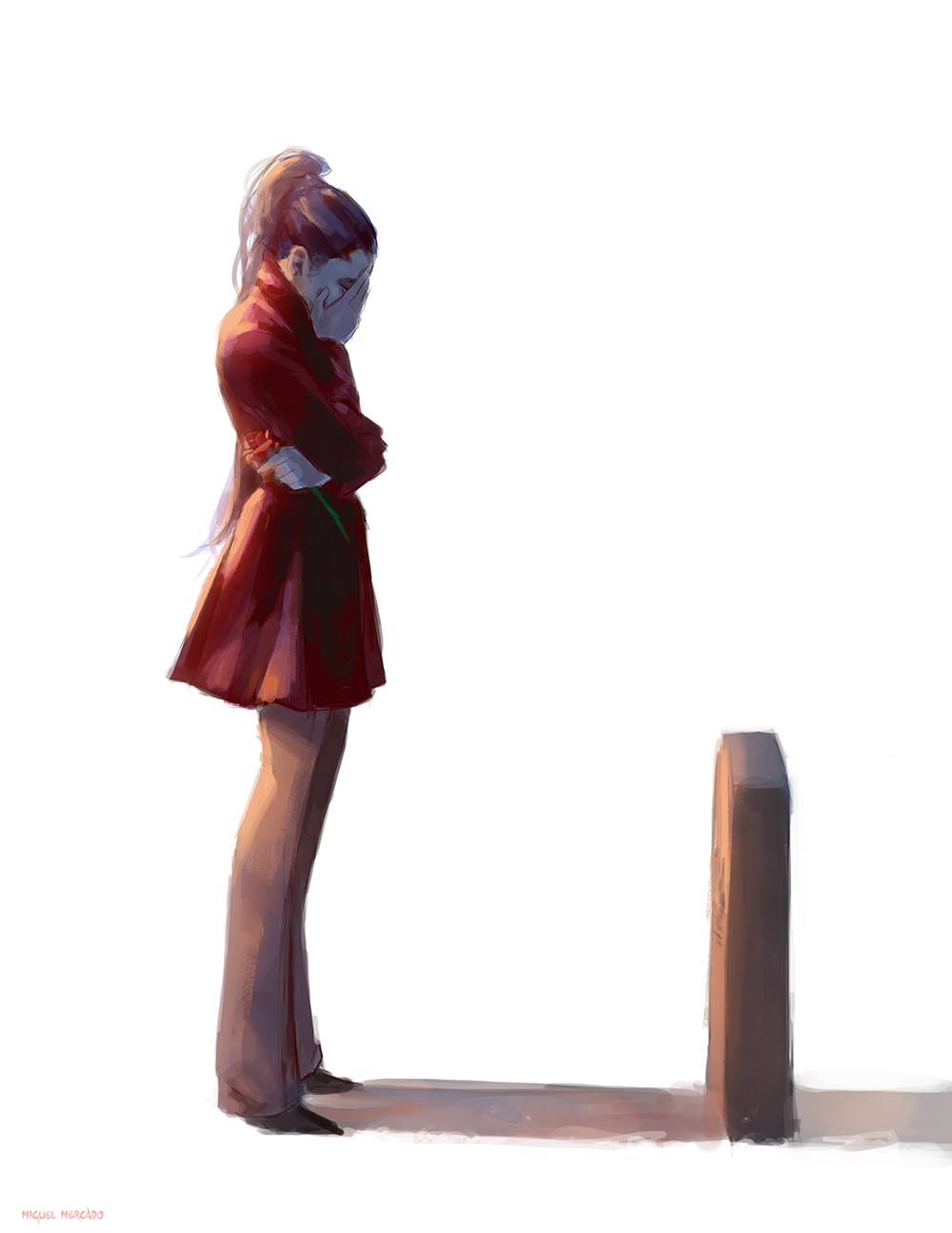1girl, artist_name, closed_eyes, commentary, earrings, flower, from_side, full_body, grave, hand_on_own_face, hand_up, highres, holding, holding_flower, jacket, jewelry, long_hair, merkymerx, overwatch, pants, purple_hair, purple_skin, red_jacket, red_rose, rose, sad, shadow, shoes, simple_background, solo, standing, stud_earrings, tombstone, white_background, widowmaker_(overwatch)