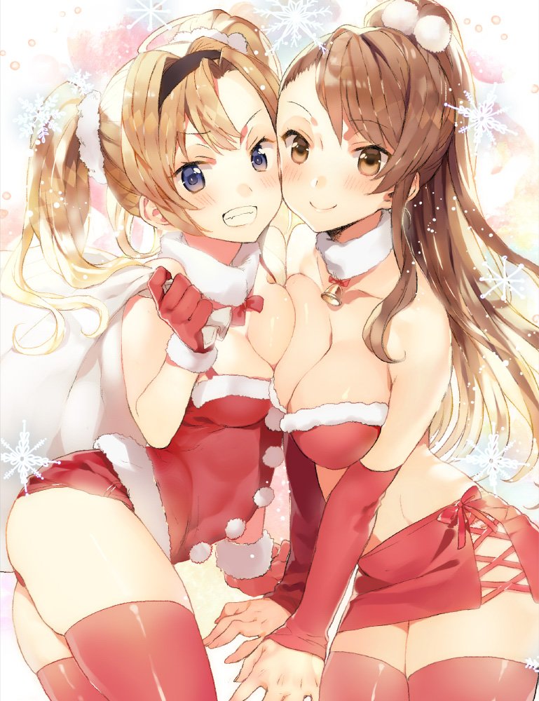 2girls, asymmetrical_bangs, asymmetrical_docking, bangs, bare_shoulders, beatrix_(granblue_fantasy), bell, bell_collar