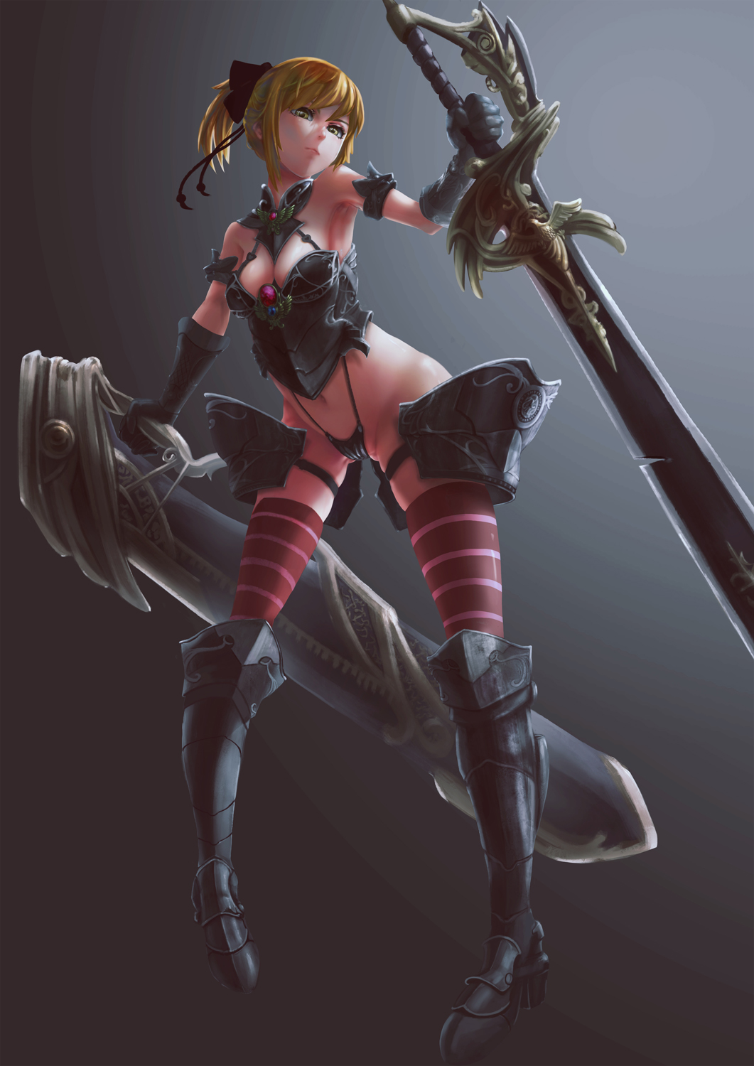1girl, armband, armor, armored_boots, blonde_hair, boots, detached_collar, gloves