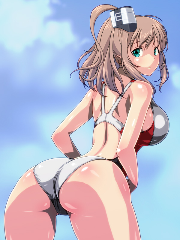 1girl, ass, blue_eyes, breasts, brown_hair, competition_swimsuit, from_behind, kantai_collection, leaning_forward, long_hair, looking_at_viewer, looking_back, monteri, one-piece_swimsuit, ponytail, saratoga_(kantai_collection), side_ponytail, sidelocks, solo, swimsuit, white_swimsuit