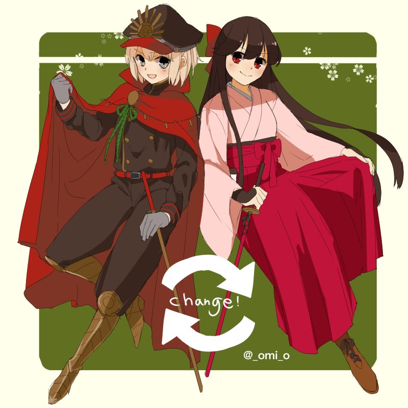 2girls, black_hair, blonde_hair, blue_eyes, bow, cape, cosplay, costume_switch