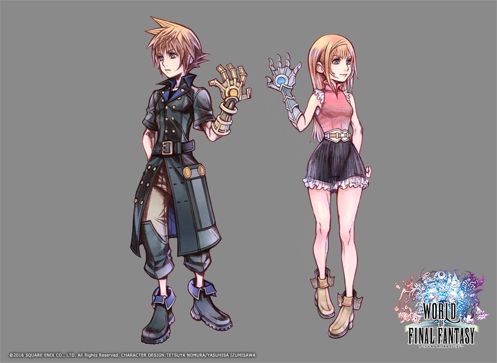 1boy, 1girl, brown_hair, copyright, copyright_name, final_fantasy, frilled_skirt, frills