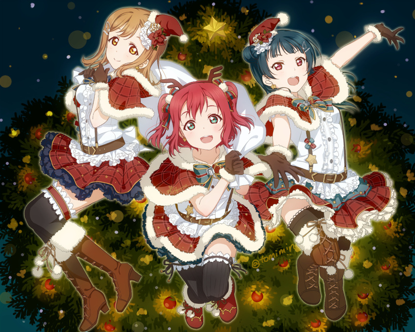 3girls, :d, aqua_eyes, arm_up, belt, black_gloves, black_legwear, blue_hair