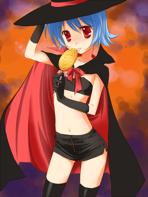 bandeau_bikini, black_thighhighs, blue_hair, bow, bunny_(trickster), candy, cape, flat_chest