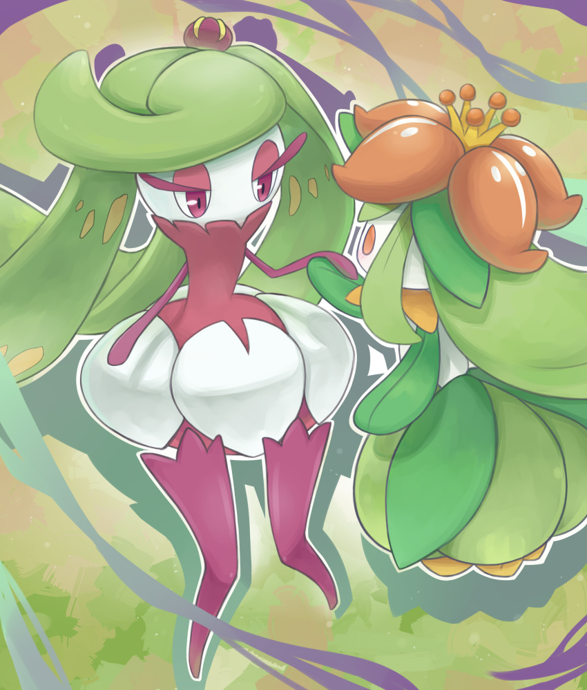 absurdres, blush, crown, cyan_aeolin, eyelashes, eyeshadow, flower, green_hair, half-closed_eyes, hand_holding, highres, leaf, lilligant, long_hair, looking_at_another, makeup, mini_crown, no_humans, orange_eyes, outline, pokemon, pokemon_(creature), pokemon_(game), pokemon_sm, purple_legwear, solid_eyes, standing, thigh-highs, tri_tails, tsareena, very_long_hair, violet_eyes