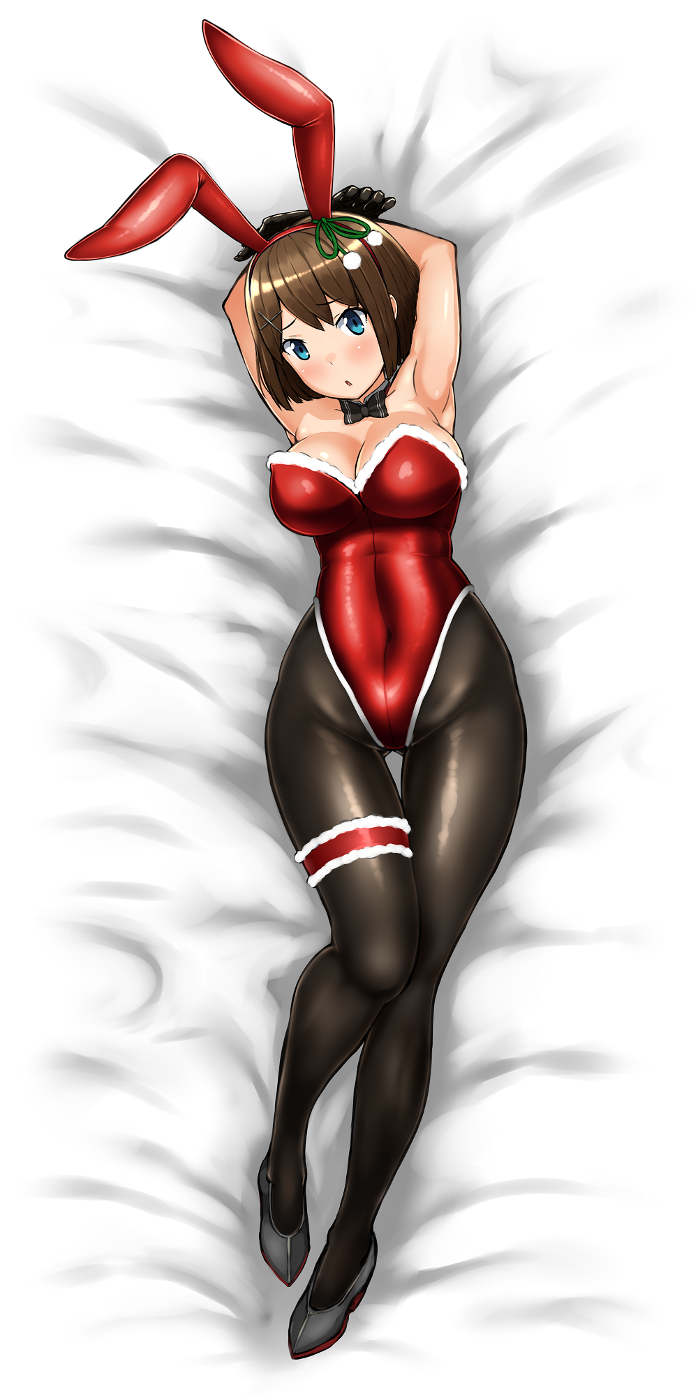1girl, animal_ears, black_gloves, blue_eyes, bow, bowtie, brown_hair, bunnysuit, dakimakura, detached_collar, fake_animal_ears, full_body, fur_trim, gloves, hair_ornament, hairband, highres, kantai_collection, lying, maya_(kantai_collection), on_back, pantyhose, rabbit_ears, rei_(rei_rr), remodel_(kantai_collection), short_hair, solo, thigh_strap, x_hair_ornament
