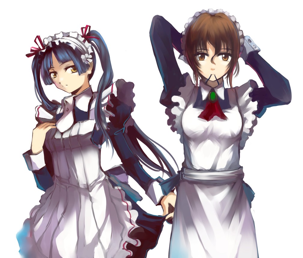 blue_hair, brown_eyes, brown_hair, crossover, darkdoor, dress, hair_ribbon, hair_ribbons