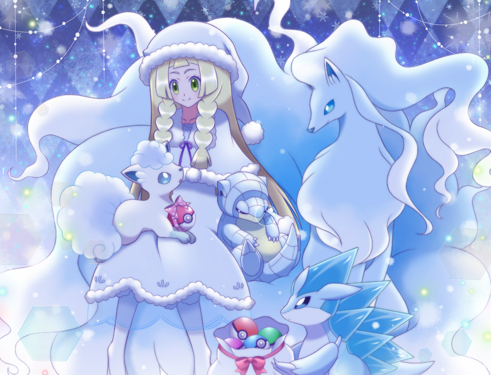 1girl, alola_form, alolan_ninetales, alolan_sandshrew, alolan_sandslash, alolan_vulpix, bangs, blonde_hair