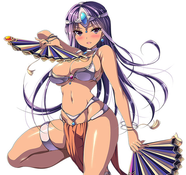 1girl, bangs, bare_shoulders, blush, bracelet, breasts, cleavage, cowboy_shot, dancer's_costume_(dq), dragon_quest, dragon_quest_iv, dual_wielding, earrings, fan, folding_fan, groin, iga_(nonono_tsuushin), jewelry, long_hair, looking_at_viewer, manya, medium_breasts, navel, necklace, parted_lips, pelvic_curtain, purple_hair, smile, solo, thighlet, tiara, tsurime, violet_eyes, white_background