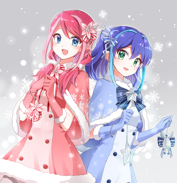 2girls, :d, alternate_costume, alternate_hairstyle, bell, blue_bow, blue_bowtie, blue_eyes