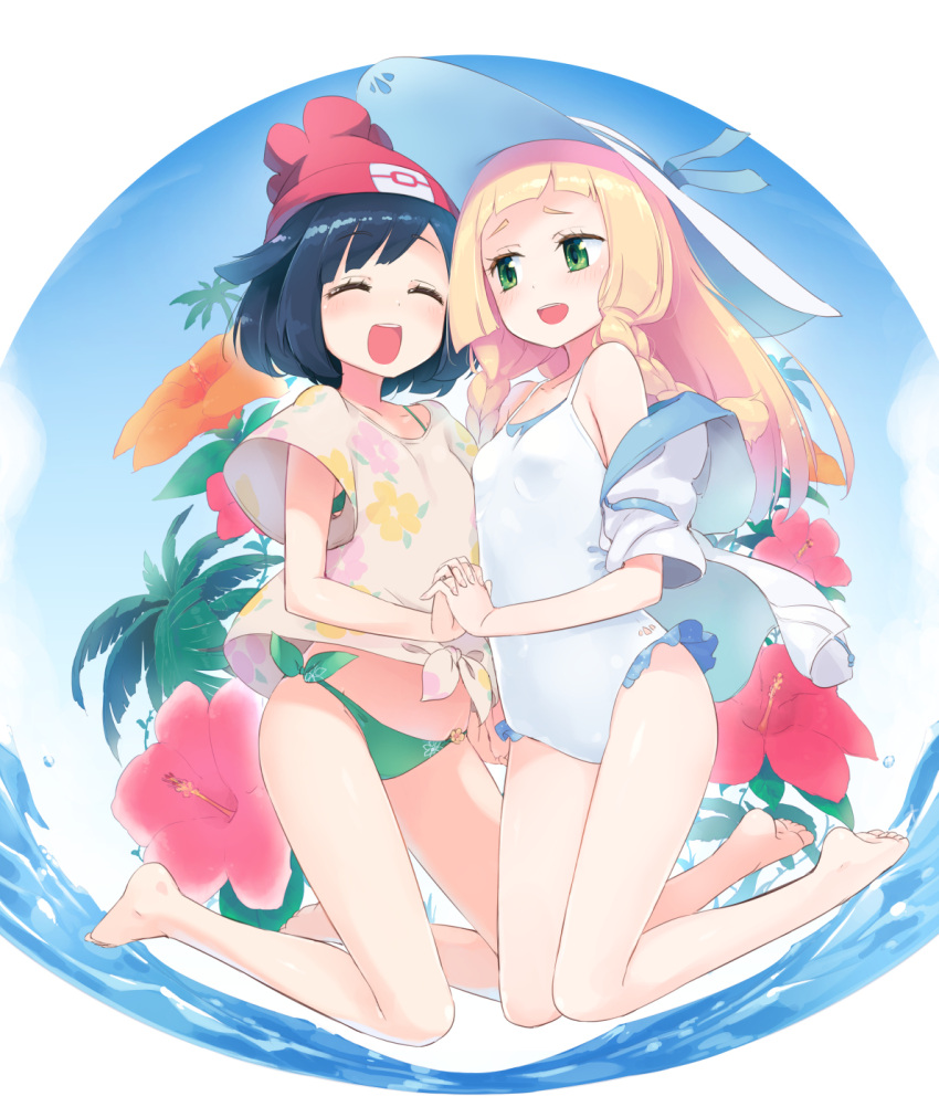 2girls, :d, ^_^, adapted_costume, bangs, bare_arms, bare_legs, barefoot, beanie, bikini, bikini_under_clothes, black_hair, blonde_hair, blue_ribbon, blue_sky, blunt_bangs, blush, braid, breast_press, breasts, closed_eyes, day, eyebrows_visible_through_hair, eyelashes, female_protagonist_(pokemon_sm), fingernails, floral_background, floral_print, frills, front-tie_top, full_body, green_bikini, green_eyes, hand_holding, hat, hat_ribbon, highres, homura_subaru, interlocked_fingers, jacket, kneeling, lillie_(pokemon), long_hair, looking_at_another, looking_at_viewer, multiple_girls, ocean, off_shoulder, one-piece_swimsuit, open_mouth, palm_tree, pokemon, pokemon_(game), pokemon_sm, red_flower, red_hat, ribbon, shirt, short_hair, short_sleeves, side-tie_bikini, sky, small_breasts, smile, stomach, summer, sun_hat, swept_bangs, swimsuit, swimsuit_under_clothes, symmetrical_docking, tied_shirt, tree, twin_braids, up_sleeve, white_hat, white_jacket, white_swimsuit, yellow_flower