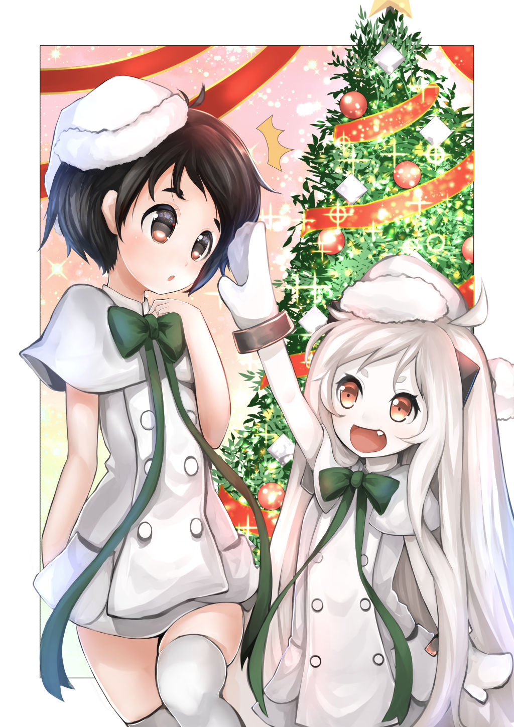 2girls, :d, ahoge, alternate_costume, black_eyes, black_hair, capelet, christmas