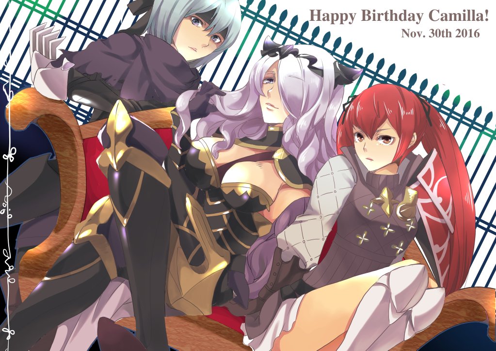 3girls, armor, armored_dress, belka_(fire_emblem_if), blue_hair, boots, camilla_(fire_emblem_if), cape, fire_emblem, fire_emblem_if, gloves, hair_ornament, headband, knee_boots, long_hair, multiple_girls, pauldrons, purple_hair, red_eyes, redhead, renkonmatsuri, selena_(fire_emblem), tiara