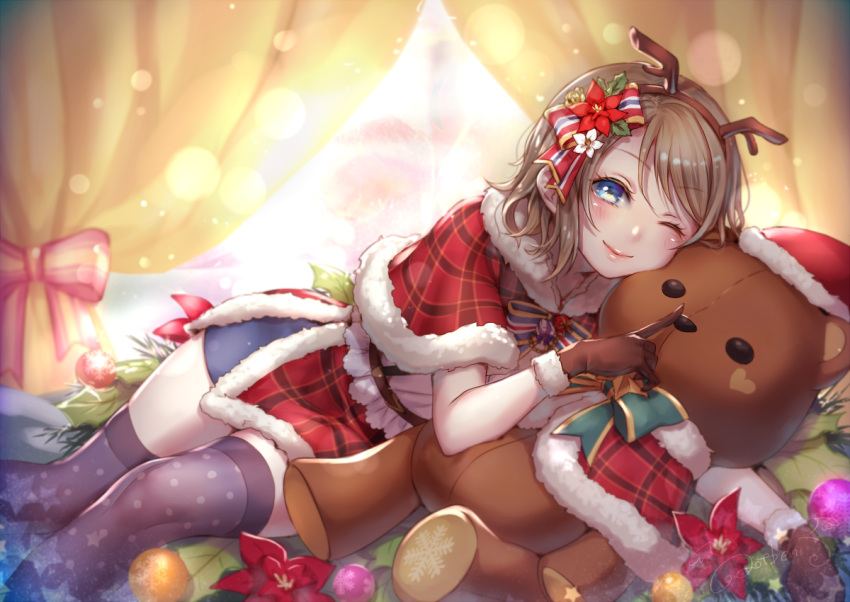 1girl, ;), antlers, ball, bangs, black_gloves, black_legwear, blue_eyes